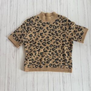 Leopard Print Knit Short Sleeve Sweater - Camel & Black